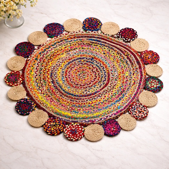Other - Colorful Round bohemian jute and cotton rug New w/o tags circular medium sized